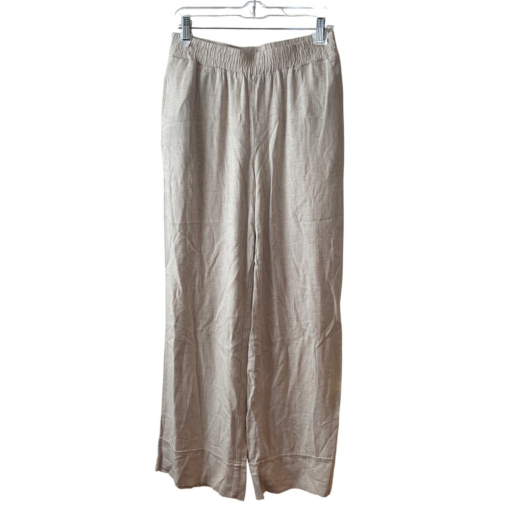 Grey & Gray Wide Leg Pants Women S Beige Linen Blend Elastic Waist Pockets New